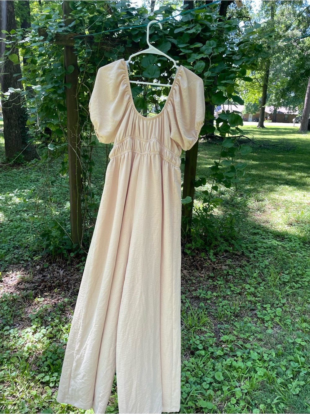 Free For All XL Beige Puff Sleeve Smocked Wide Leg Jumpsuit Cottagecore Boho - Picture 2 of 5
